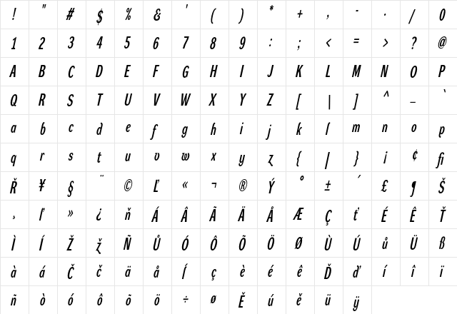 Dynamo DXC Regular  glyph index