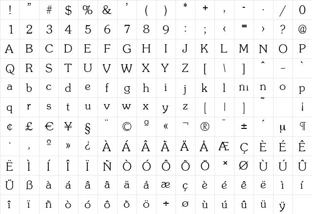 SunsetSerial-Xlight Regular  glyph index