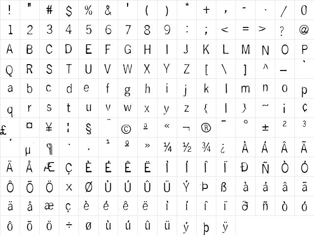 DeGenerate Medium  glyph index