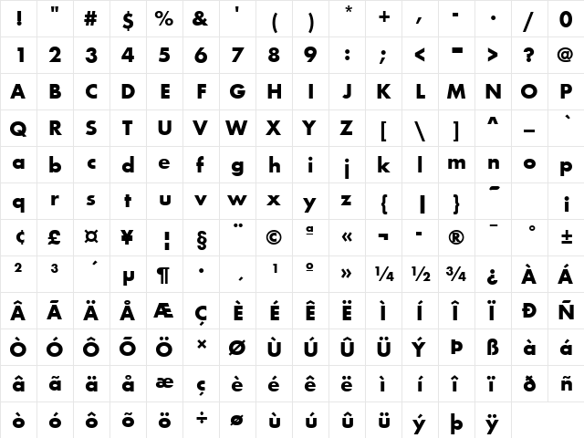 FuturaT Bold  glyph index