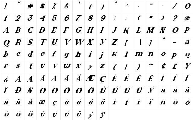 Malcolm Italic Regular  glyph index