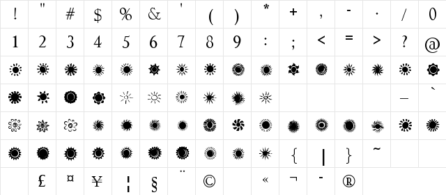 Suns and Stars Regular  glyph index
