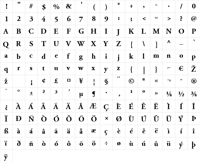 AGaramond LT Bold Regular  glyph index