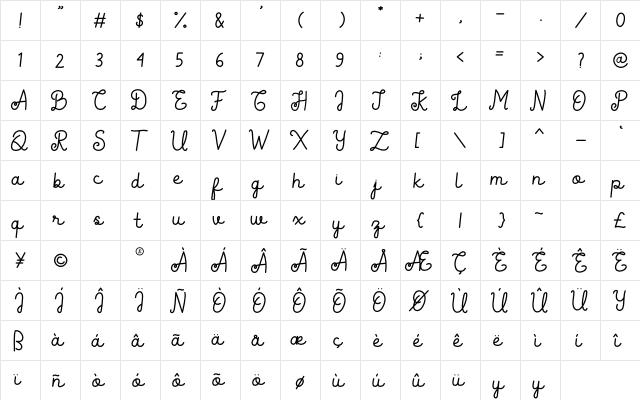 Calittra Regular  glyph index