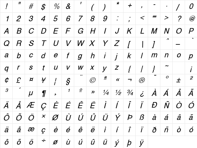 PP-Helvetic Normal-Italic  glyph index