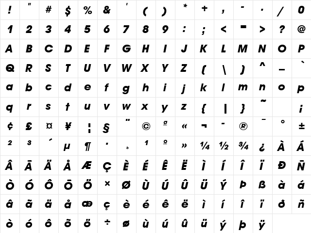 AvalonTwo Bold Italic  glyph index