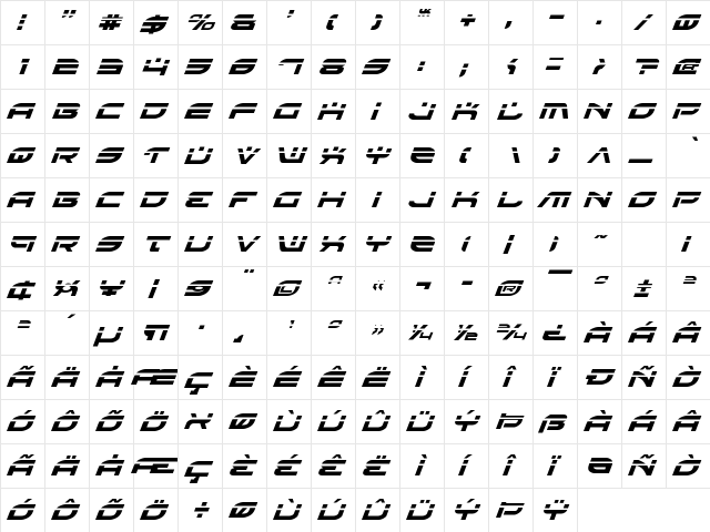 Battlefield Laser Italic Laser Italic  glyph index