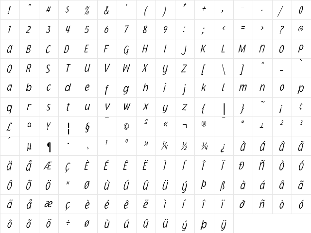JacobyCondICG XLightItalic  glyph index