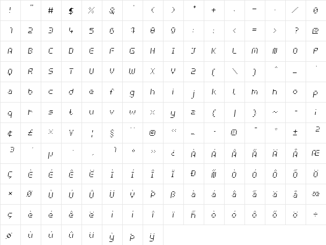 webpixel bitmap Light-Italic  glyph index