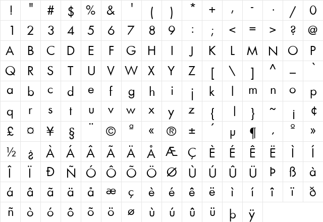 Futura-Book Regular  glyph index