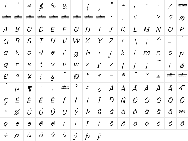 Boring Sans C Trial Light Italic  glyph index