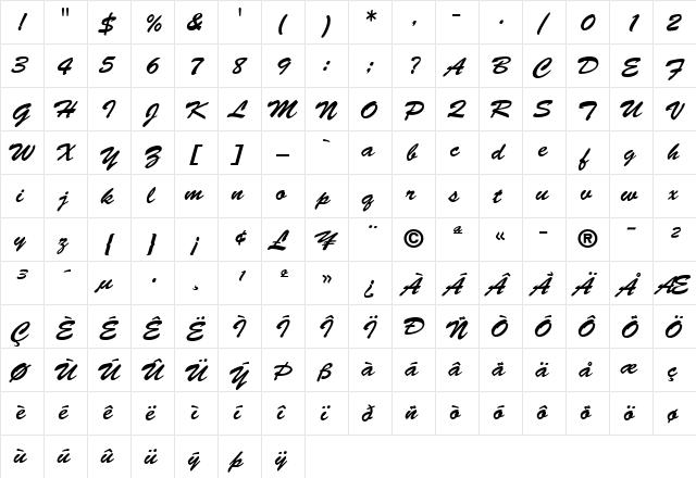 BrushScript LT Regular  glyph index