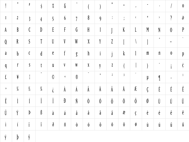MatrixNarrowOldstyle Regular  glyph index