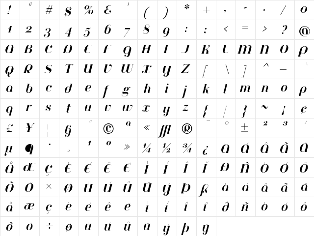 Jeanne Moderno OT BoldItalic  glyph index