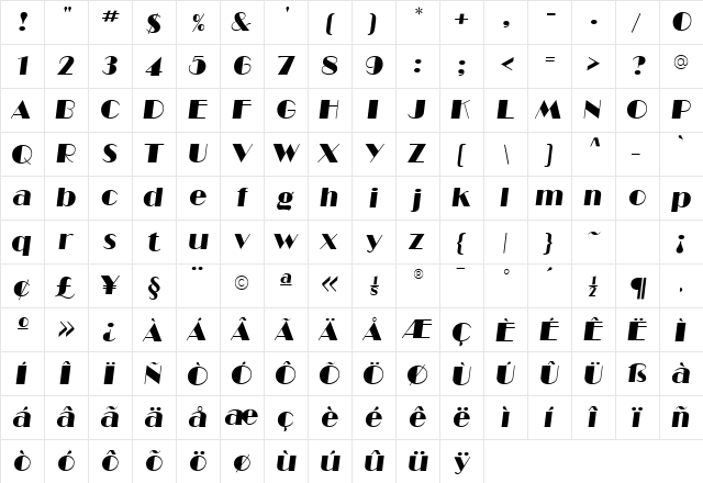 Barbe Display SSi Italic  glyph index