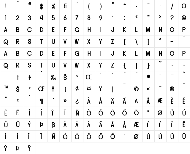 SF Buttacup Lettering Bold  glyph index