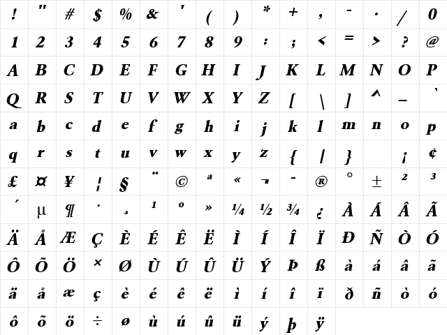 URWGaramondTExtBol Oblique  glyph index
