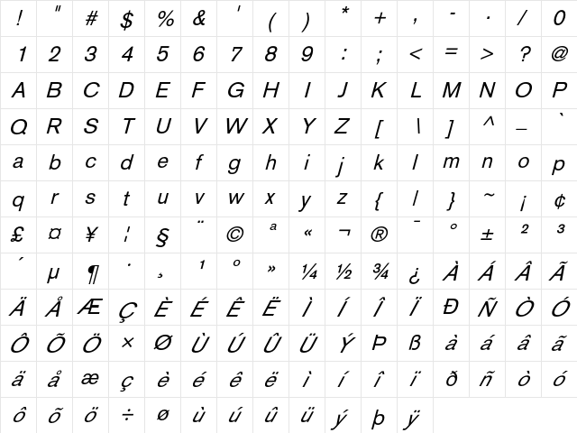 AkzidenzGrotesk Italic  glyph index