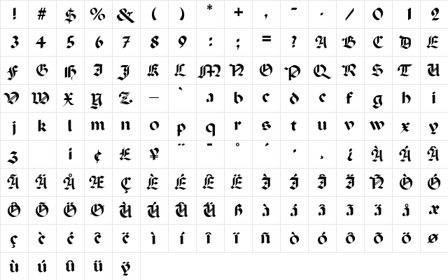 Excalibur SF Regular  glyph index