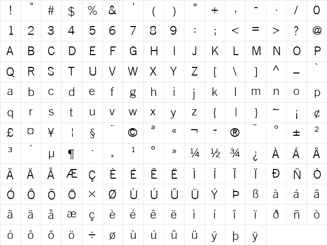 TradeGothic LT Light Regular  glyph index