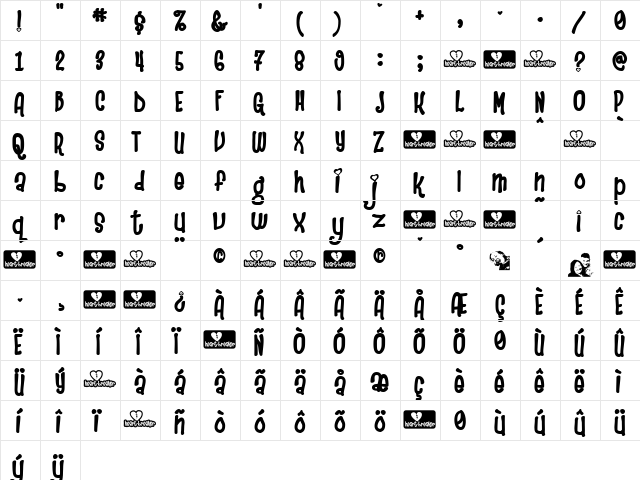 Heartbreaker Regular  glyph index