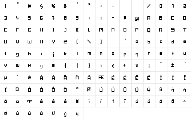 BlockHead Bold  glyph index