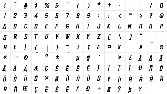 Delux Regular  glyph index