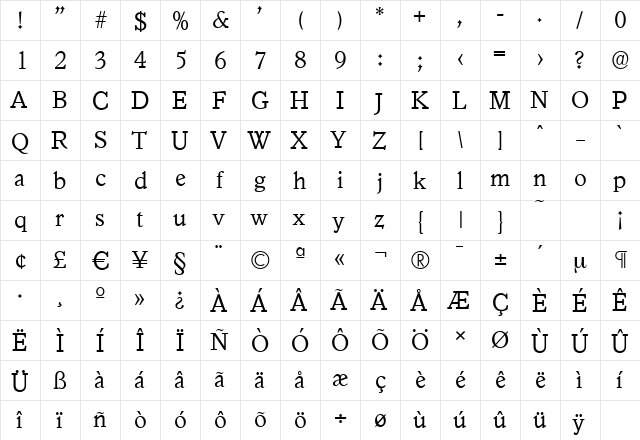GranadaSerial-Light Regular  glyph index