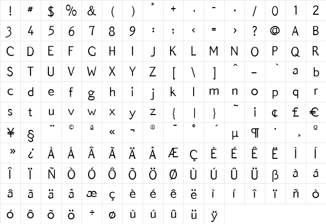 QuickType Sans Regular  glyph index