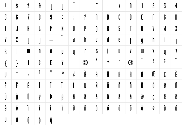 Industria Solid  glyph index