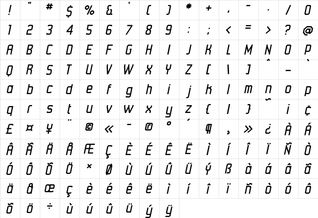 45degrees Italic  glyph index