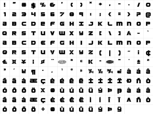 Ozda Academy Regular  glyph index