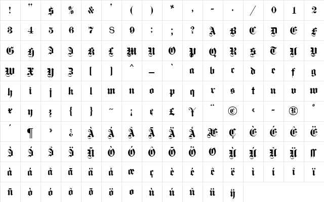 Gothique MN Regular  glyph index