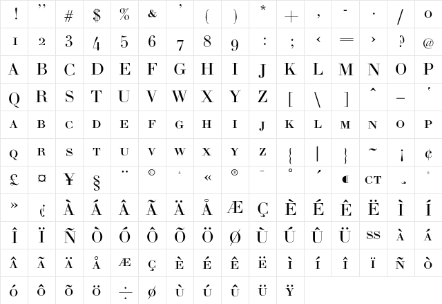 BodoniH-SC Regular  glyph index