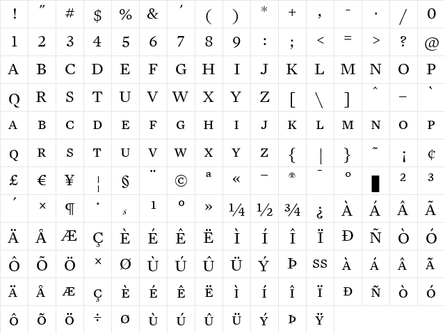 Mercury Text G1 Regular  glyph index