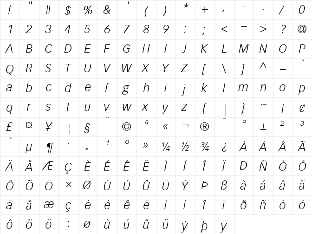 Vectora LH Italic  glyph index