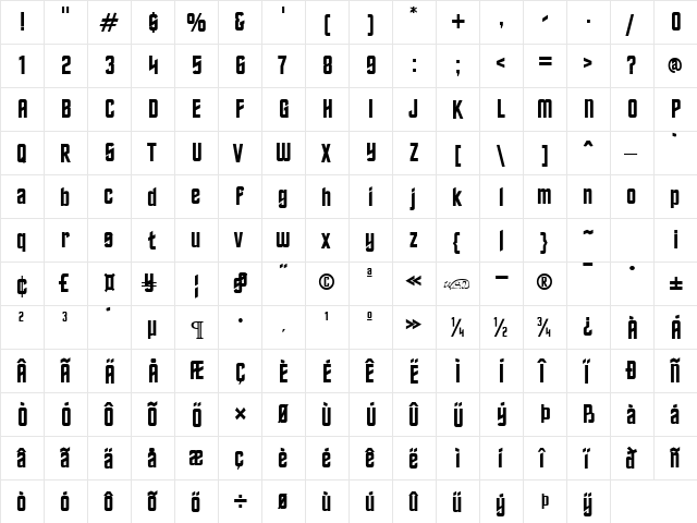 TrekkerFrontier Regular  glyph index