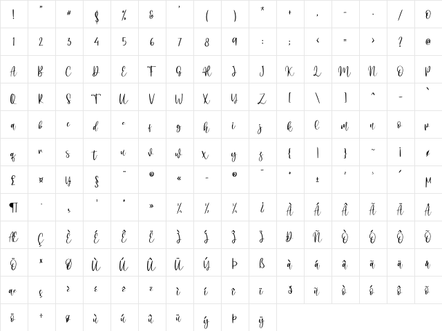 Jasmine Sheffield - Personal Us Regular  glyph index