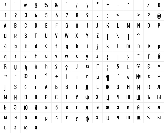 DINCondensedC Regular  glyph index