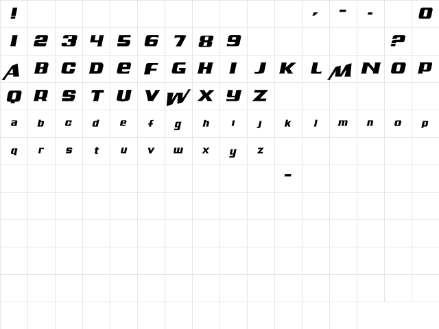 LHF Cool Blue Italic  glyph index