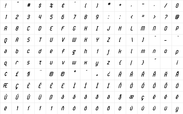 Handheld Round Italic Regular  glyph index