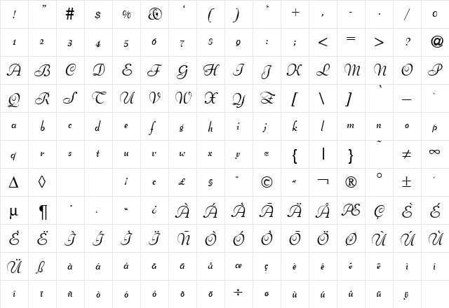 BernhardScript Bold  glyph index