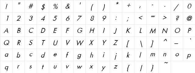 FuturaObl-Norma Regular  glyph index