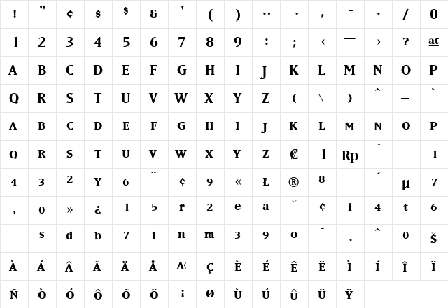 MatrixBoldSmallCaps Regular  glyph index
