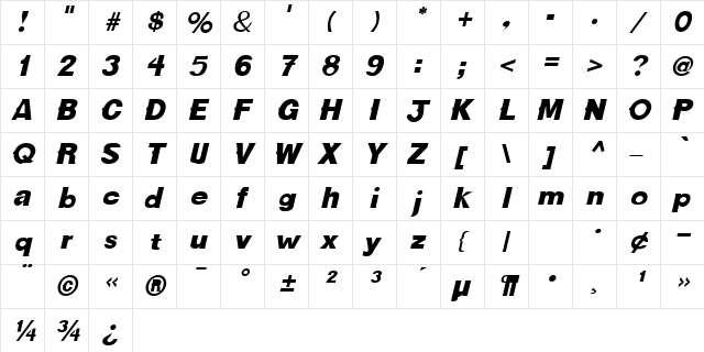 Kaunas Oblique  glyph index