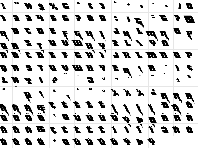 Thunder Titan Leftalic Regular  glyph index