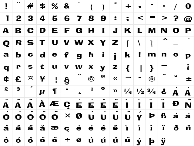Alor Narrow Wide Bold  glyph index