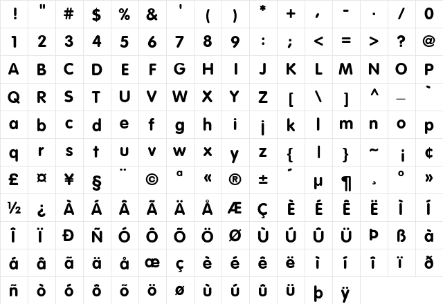 Fanmail Bold Regular  glyph index