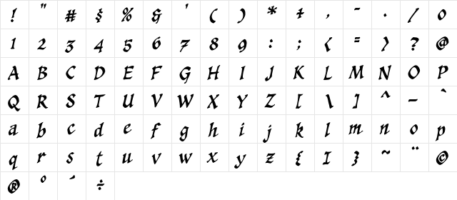 CCSpellcaster Italic  glyph index