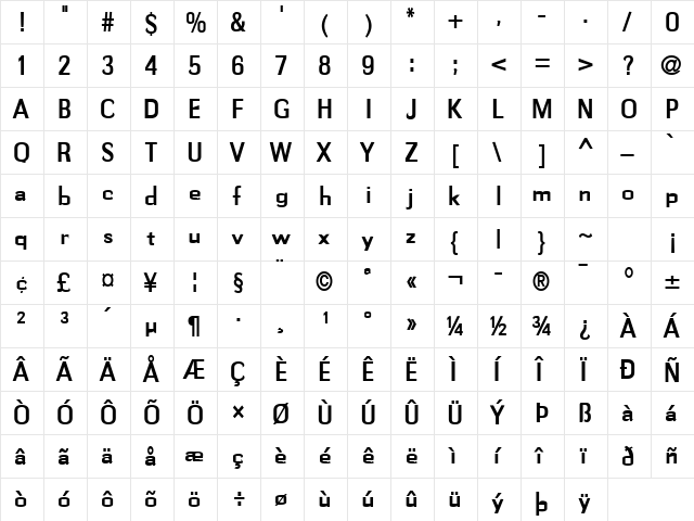 Gauss-Condensed Bold  glyph index